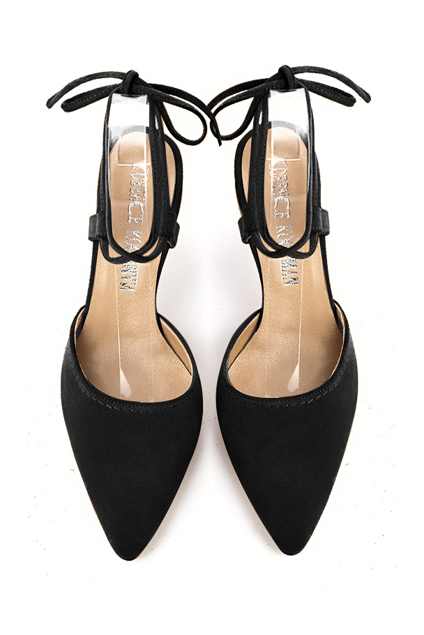 Matt black women's open back shoes, with crossed straps. Tapered toe. High comma heels. Top view - Florence KOOIJMAN